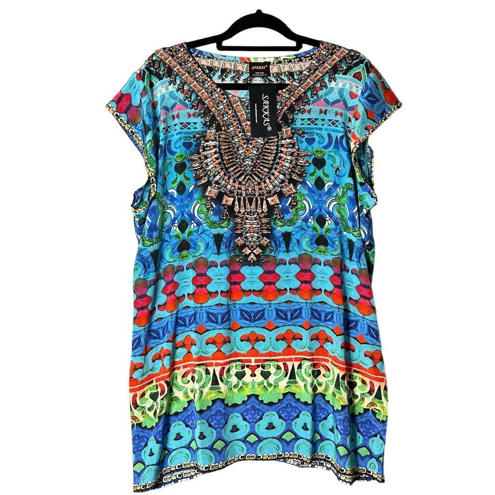 Sakkas Cover Up Womens OS Blue Multi Color V Neck Beach Dress Rhinestones NEW‎